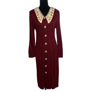 Nahmani 10 Dress Vintage Long Burgundy Red Cream Mesh Applique Collar Long Sl